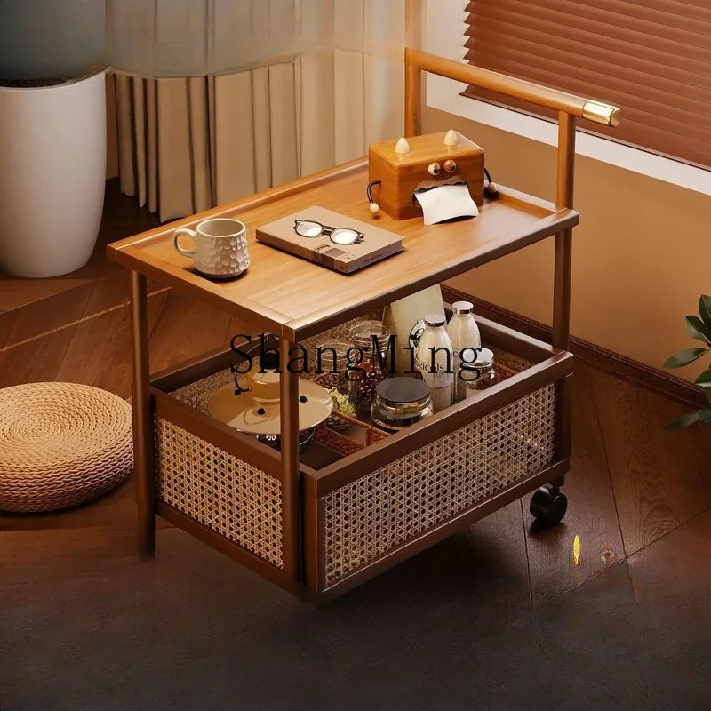 

FG medieval style mobile small dining cart, wine storage trolley, living room sofa rattan edge few light luxury snacks rack