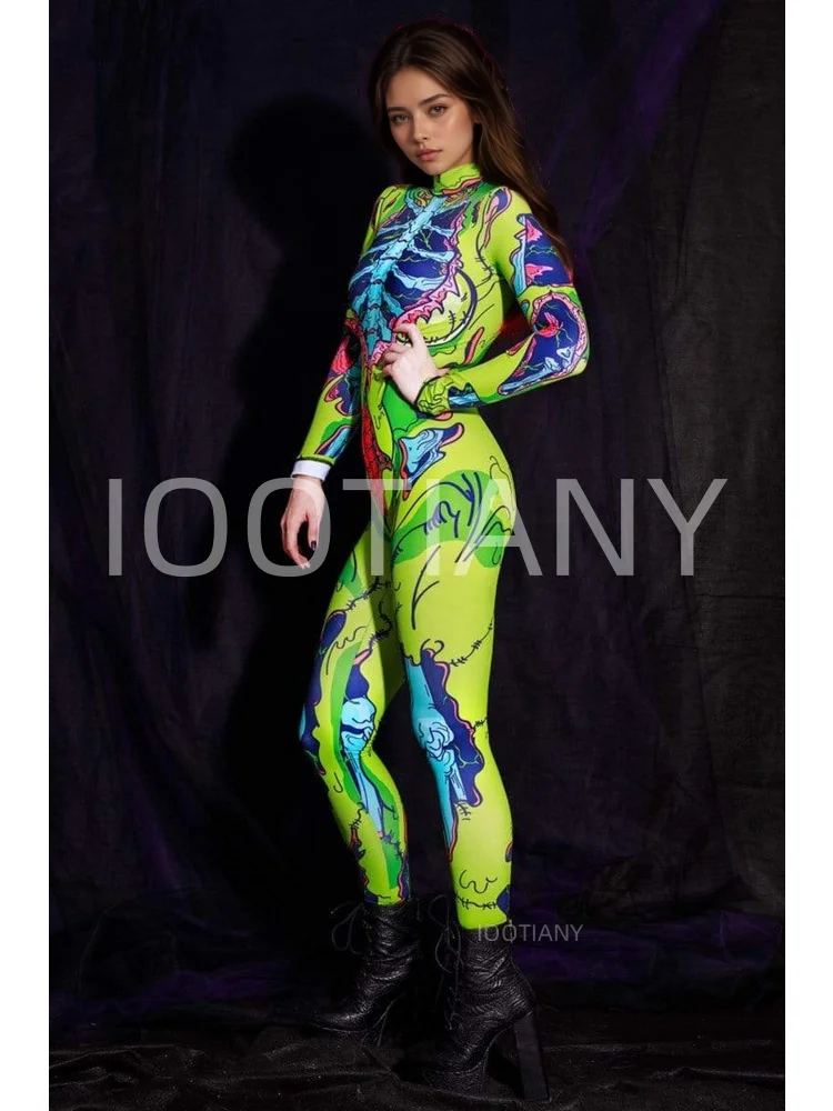 Damen-Party-Kostüm für Feiertage, Cyberpunk-Comic-Zombie-Bodysuit, Halloween, lustiges Cosplay-Skelett-Kostüm, Karneval, Stretch-Strumpfhose, Jumpsuit – Detail 4