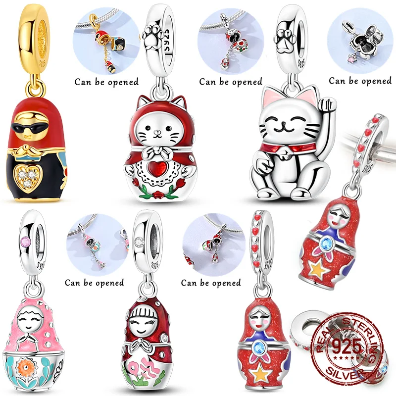 

925 Sterling Silver Openable Matryoshka Nesting Doll & Lucky Cat Maneki Neko Charms Beads Fit Bracelets DIY Jewelry Gift