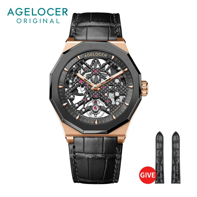 AGELOCER Men\'s Top Brand Black Skeleton Fashion Mechanical Automatic Luxury Stainless Steel Luminous Genuine Watch