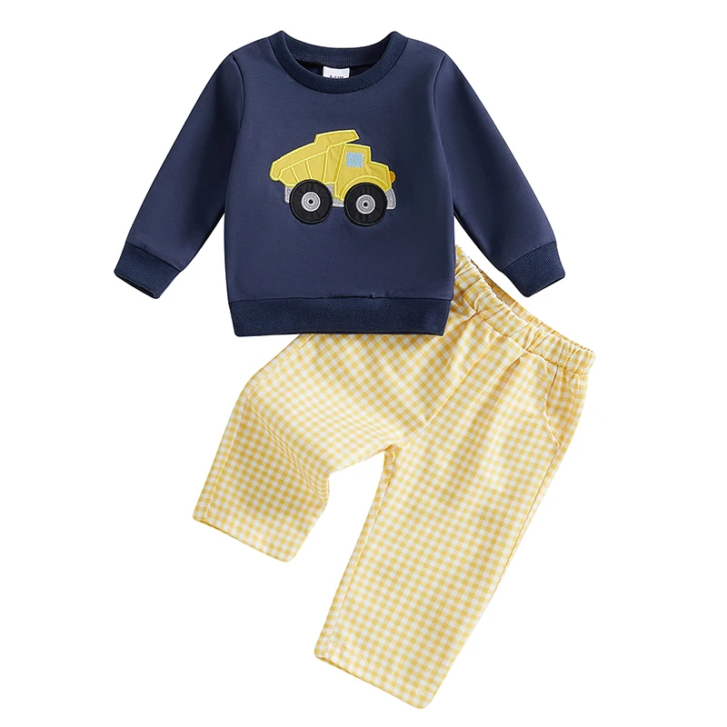 

Adorable Baby Boy Autumn Ensemble with Cute Tractor Design on Cozy Sweatshirt and Stylish Plaid Pants - 2 Piece Outfit for