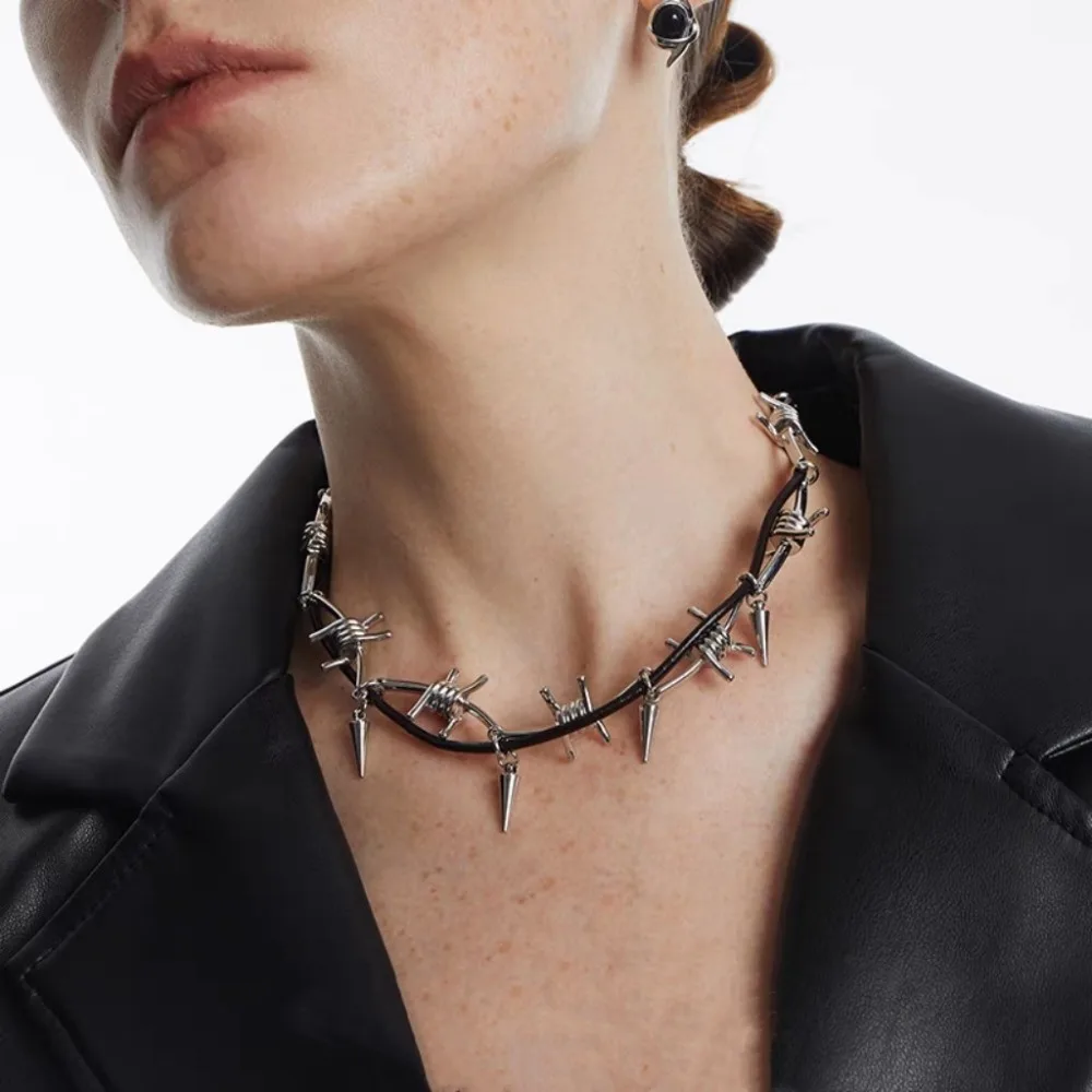 Personality Punk Sliver Color Thorn Rivet Tassel Black Leather Rope Double Layer Winding Choker Necklace for Women Men Jewelry