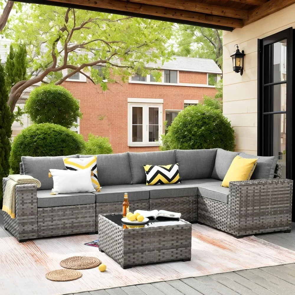 

6 Pieces Patio Furniture Set with Comfy Cushions and Deep Seat, Modern Modular Wicker Rattan Conversation Set