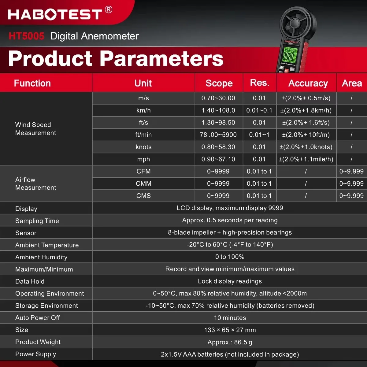 

HABOTEST HT5005 High Precision Digital Anemometer Air Flow Temperature Meter CFM/CMM/CMS Data Record Measuring Tool