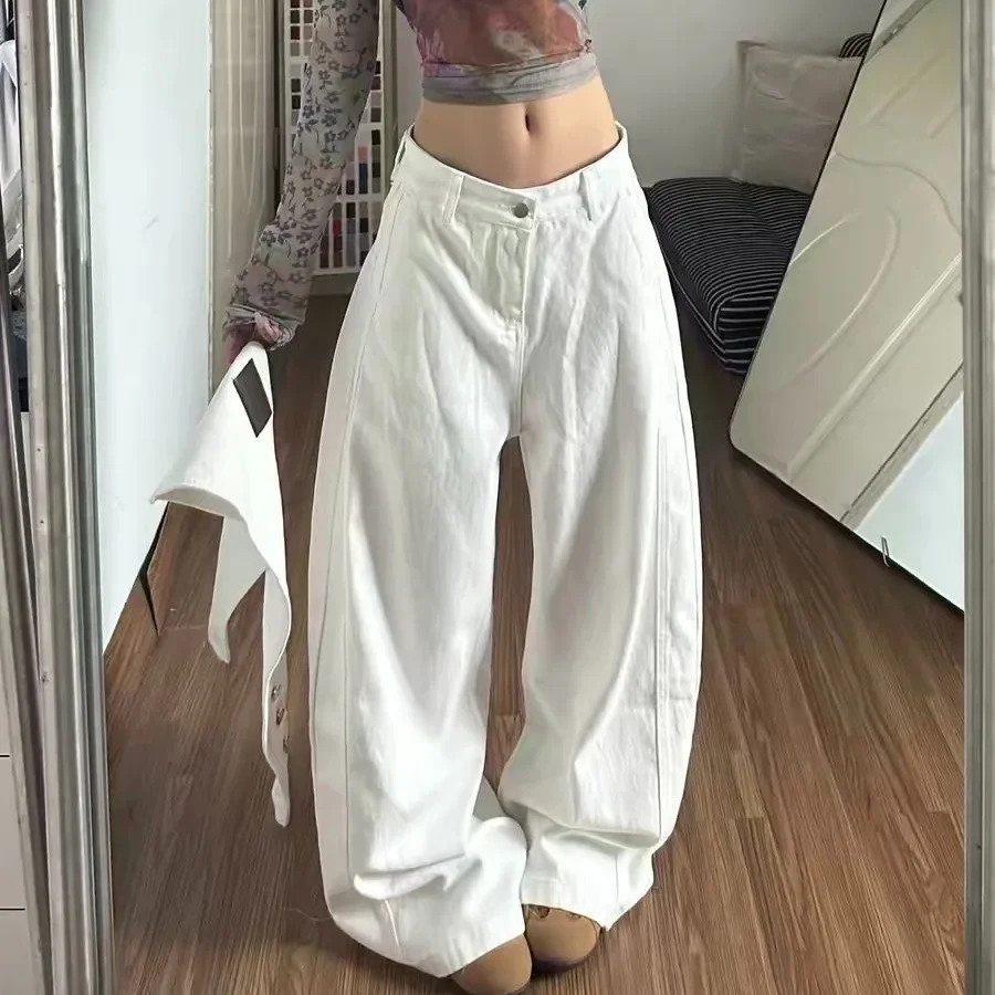 Y2K Summer Loose Wide Leg Floor Denim Pants White Detachable Fart Curtain Design for Women