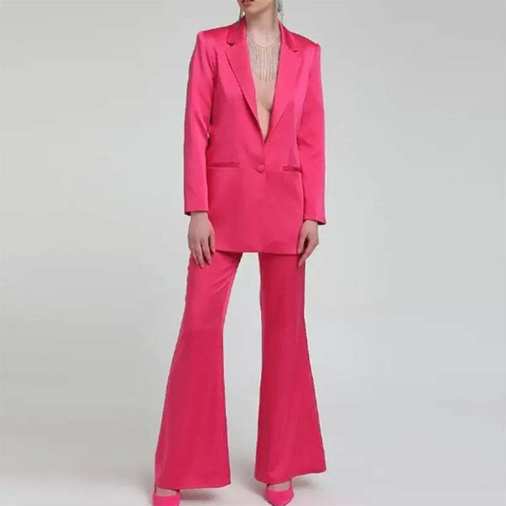 Chic and Elegant Woman Jacket Pants 2 Piece Bright Color Silk Single Breasted Notch Lapel Blazer Suit Slim Fit Female Clothing