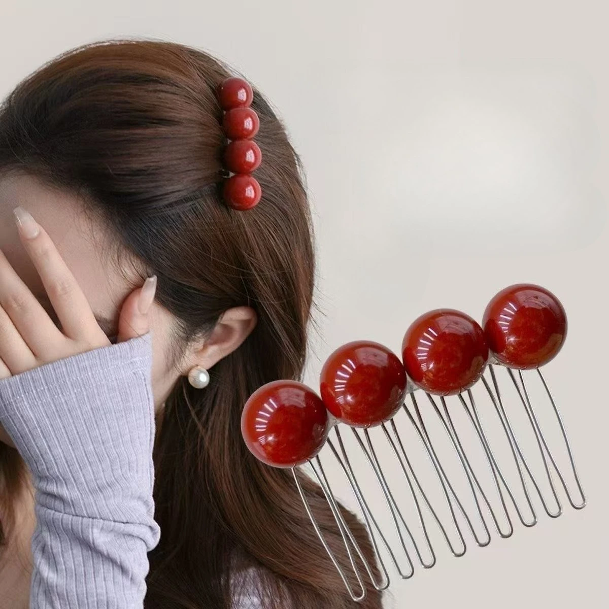 French Retro Pearl Hair Comb Clip Elegant Round Beads Insert Comb Bangs Broken Hair Sorting Artifact Coiled Hair Styling Tools