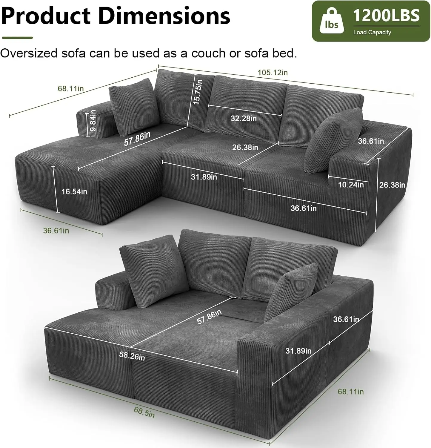 106”Cloud Modular Sectional Sofa, L Shaped Couch With Double Lounge Chaise & Deep Seat, No Assembly Required, Comfy Modern