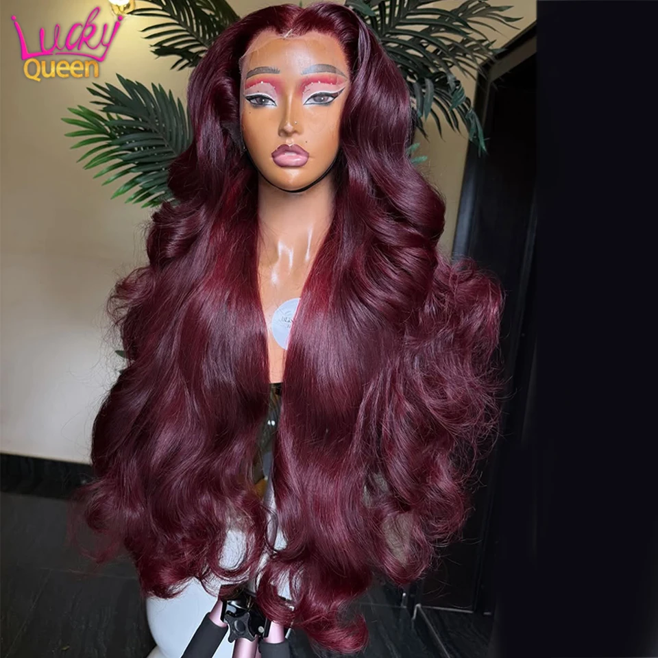 

Burgundy 99J Colored 13x4 Lace Front Real Human Wig For Women Pre Plucked 5x5 Lace Closure Wig Body Wave Glueless 32Inch Remy