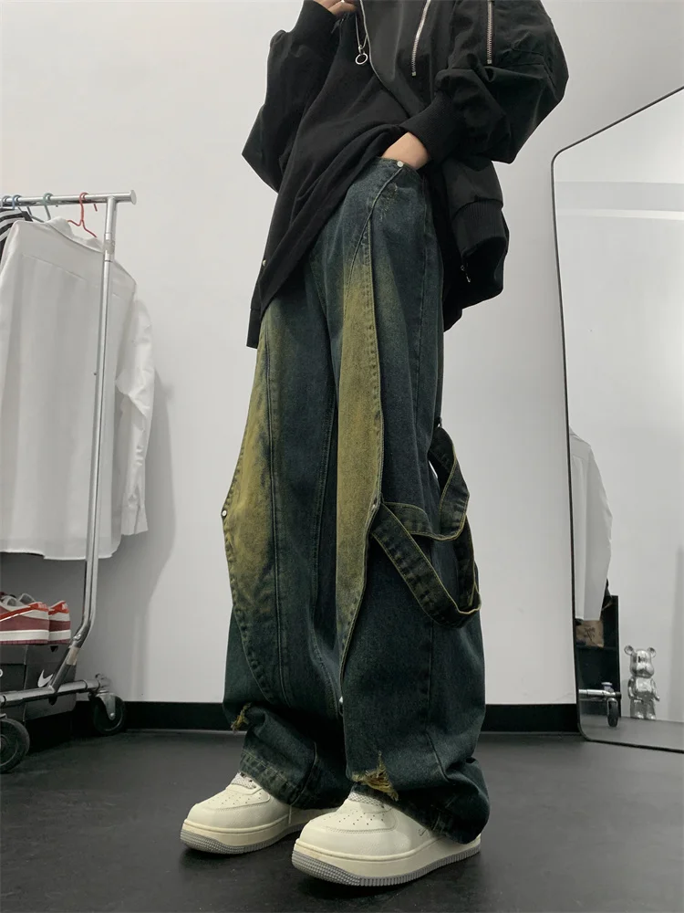 New American High Street Vintage Washed Gradient Jeans Casual Student Patchwork Design Loose Straight Leg Jeans for Teens
