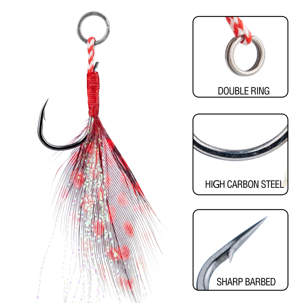 20 Stück Angelhaken mit Feder-Jig-Köderhaken, Angelhaken aus Kohlenstoffstahl, 10 Stück # 11 # 12 # 13 # Slow Single Jigs Assist Hook – Detail 5