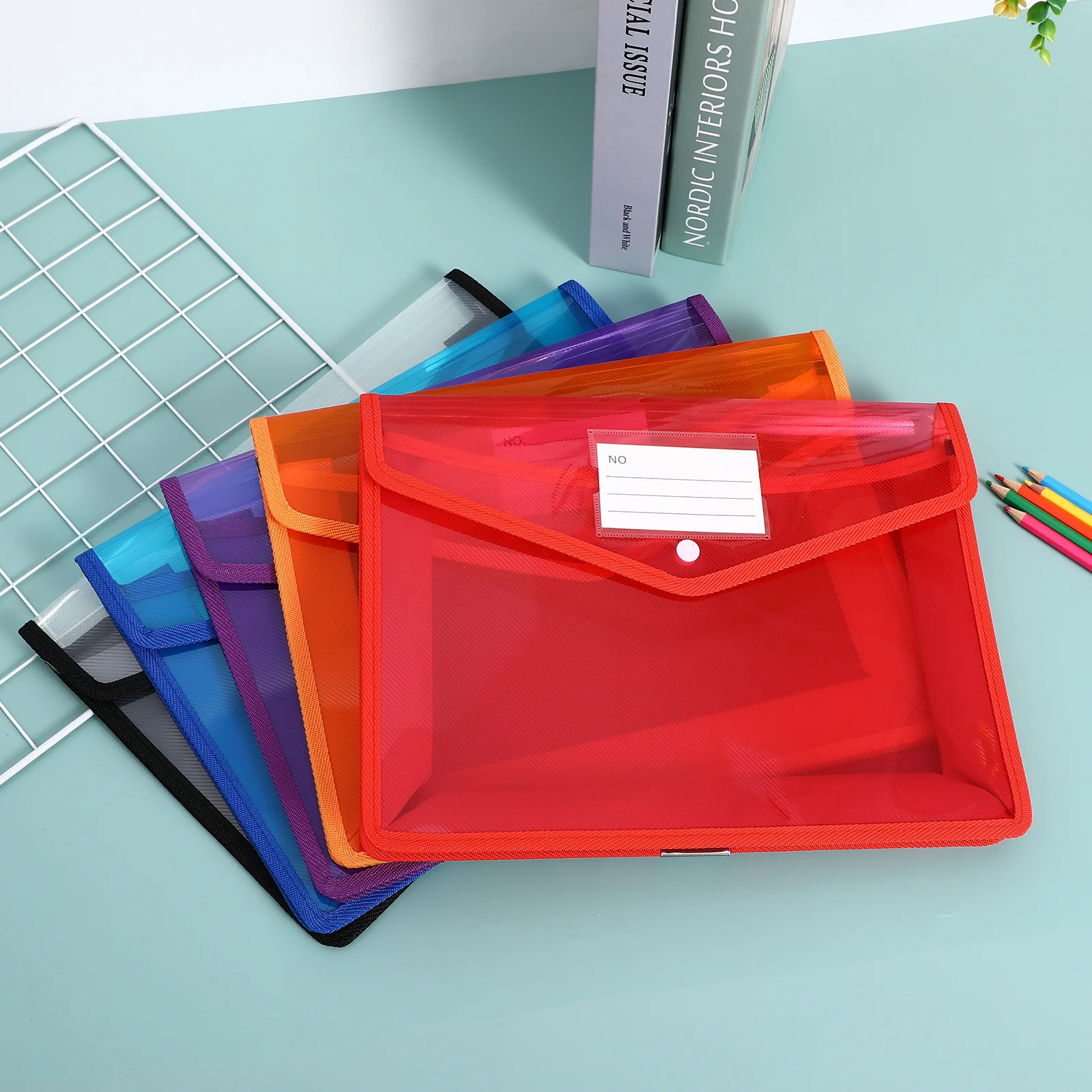 5Pcs Clear Plastic Folder File Bags Document Holder Button Closure A4 Plastic Wallet with Label Pocket Clear Bags
