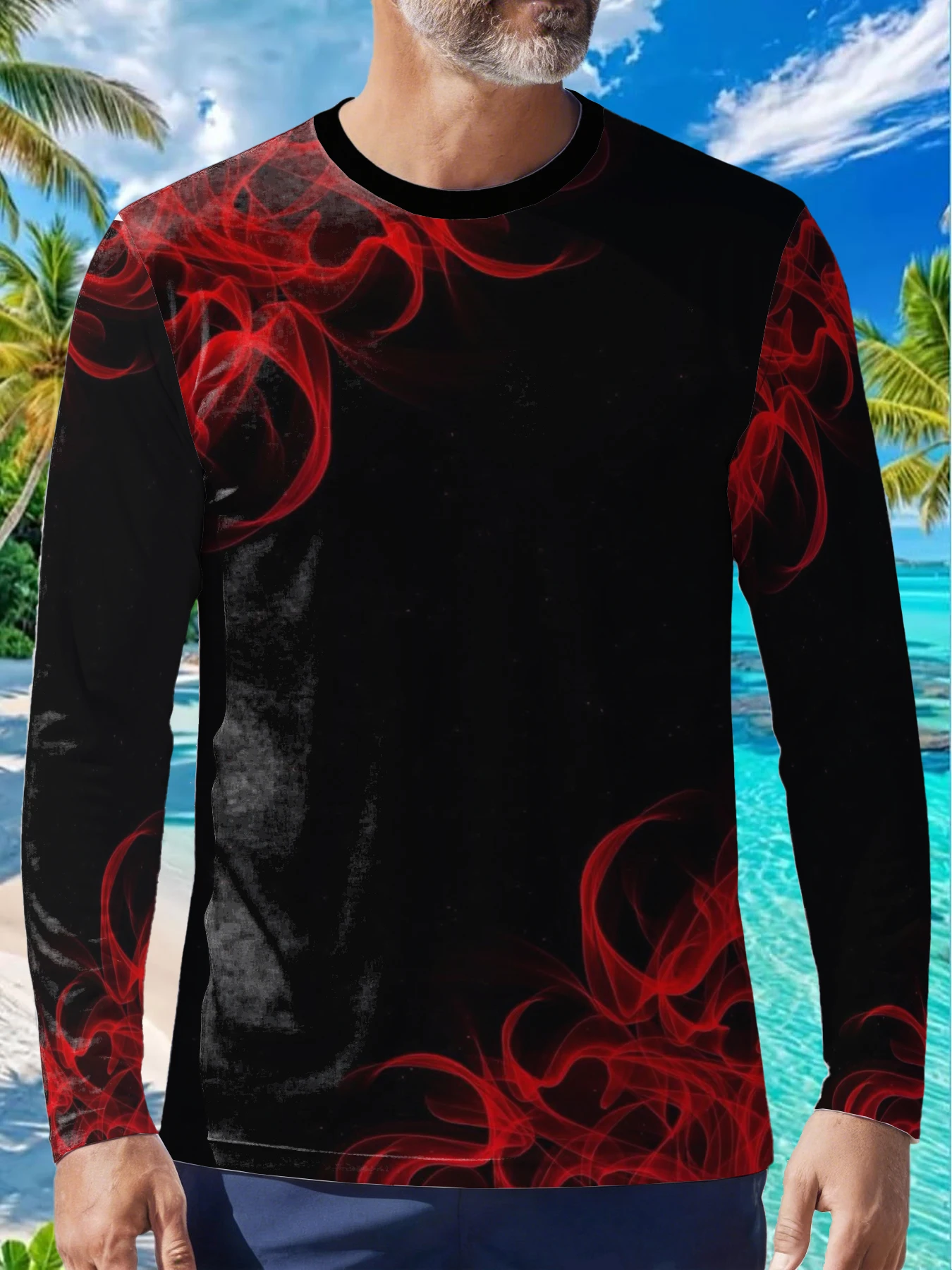 Gothic Red Flame Black Abstract Mens Polyester Long Sleeve T Shirt Smoke Fire Print Graphic Tee Casual Streetwear Breathable Fal