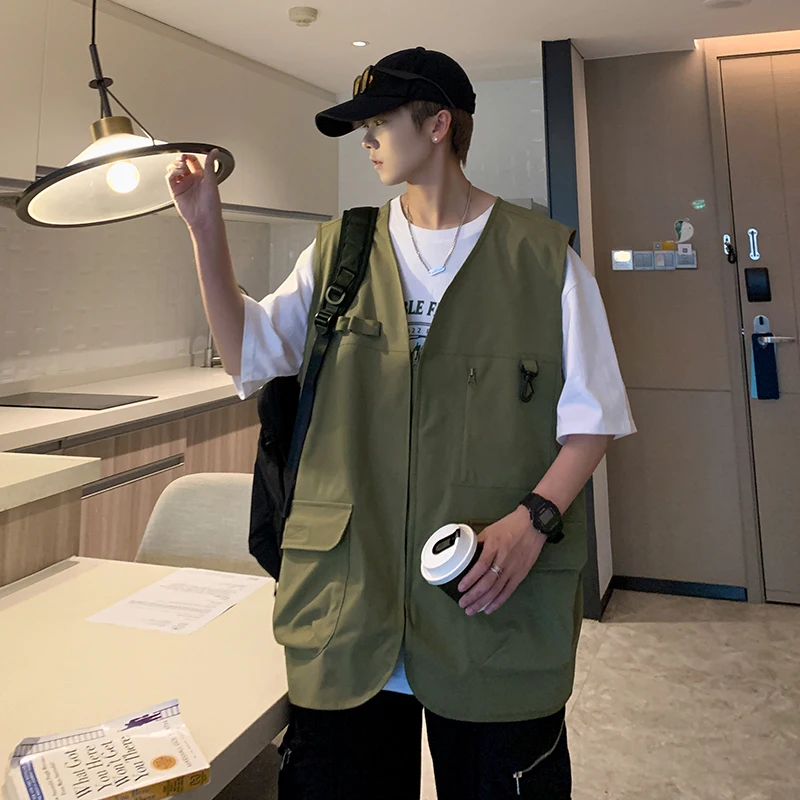 Harajuku Vest Mens Multi-Pocket 2025 Summer Work Hunting Fishing Travel Photos Waistcoat With Pocket Sleeveless Unloading Jacket