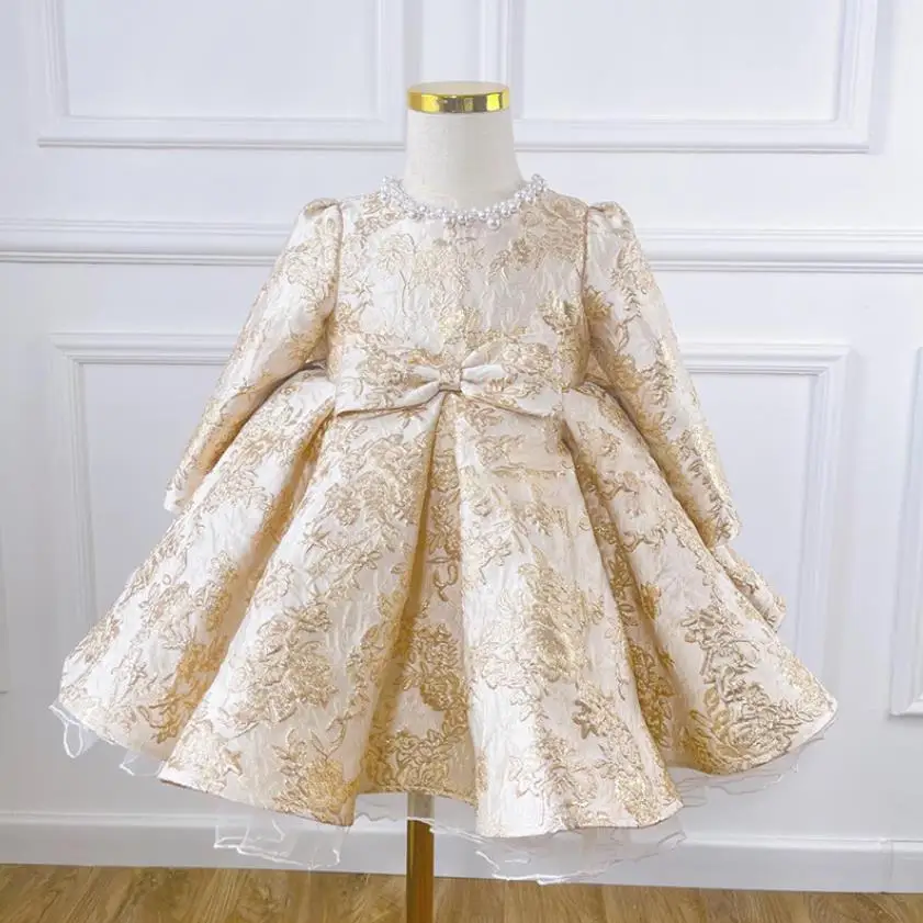 

New Children's Catwalk Champagne Evening Gown Bow Pearls Design Wedding Birthday Baptism Eid Party Girls Dress A3332