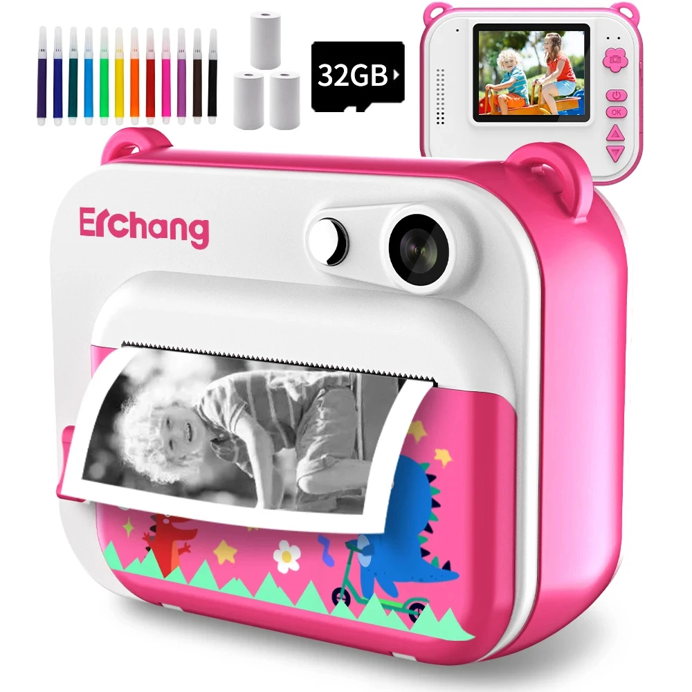 Erchang Children Camera Instant Print Digital Camera for Kids Thermal Print Camera Instant Photo Printing Camera+32G Memory