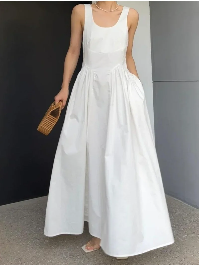 

Japanese O Neck High Waist Draped Dresses Upscale Sexy Sleeveless Backless Robe Femme Summer Fashion Ins White Dress Women