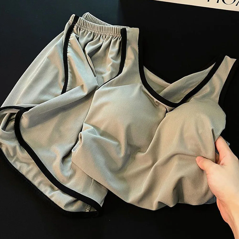 

Женские пижамы из ребристой ткани с вкладышами для груди, домашняя одежда, комплекты из двух предметов, дышащие, прохладные пижамные комплекты, одежда для дома