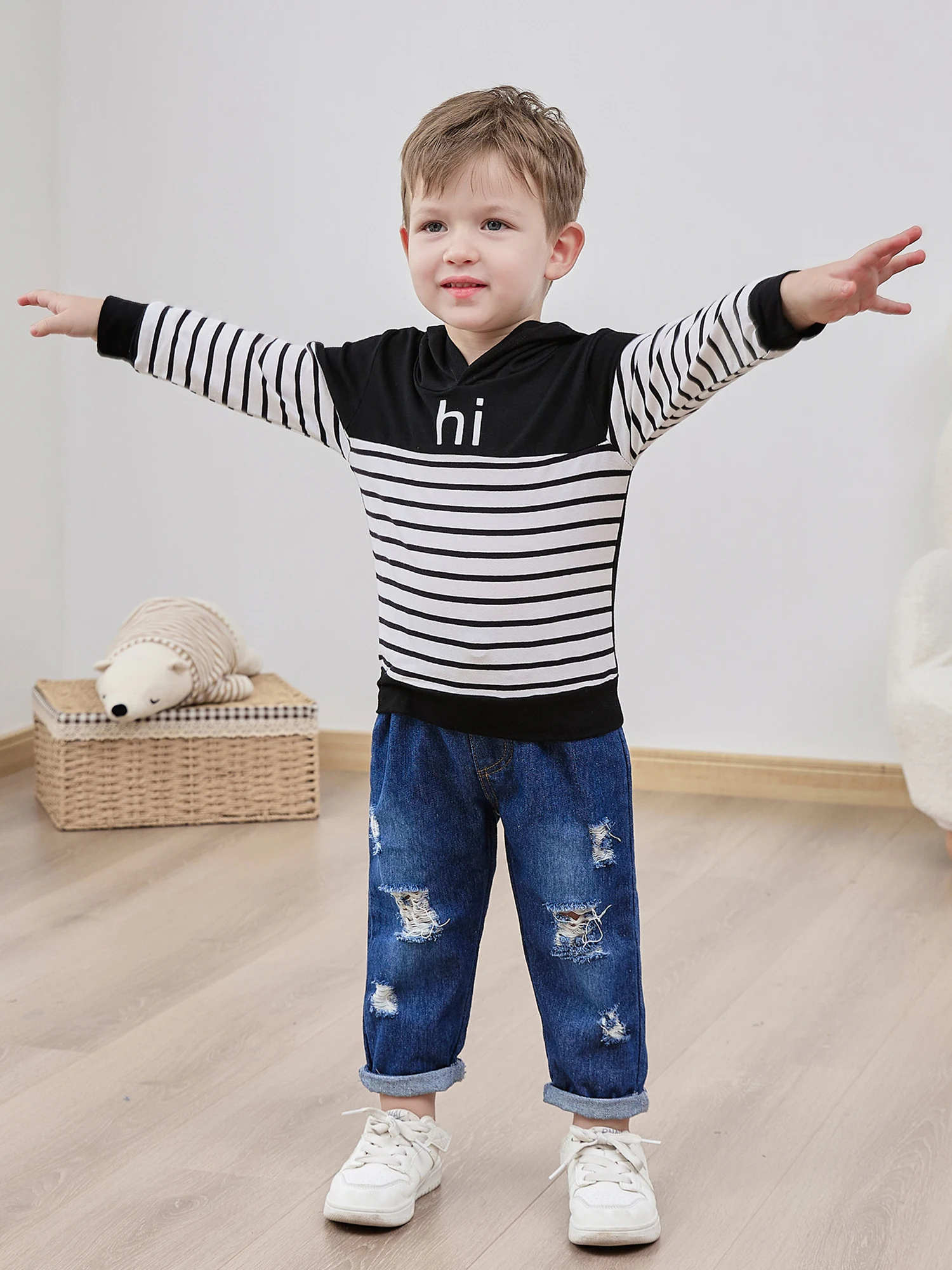 Baby Boy Clothes, Long Sleeve Printing Hoodie With Jeans Pants Outfits Set Little Boy Ripped Jeans, Hooded Sweatshirt