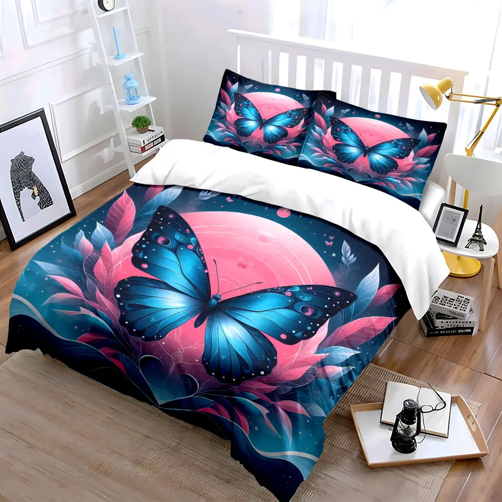 3Pcs Blue Moon Butterfly Floral Duvet Cover Set, Cosmic Fantasy Art Bedding Includes 1 Duvet Cover And 2 Pillowcase, Gift