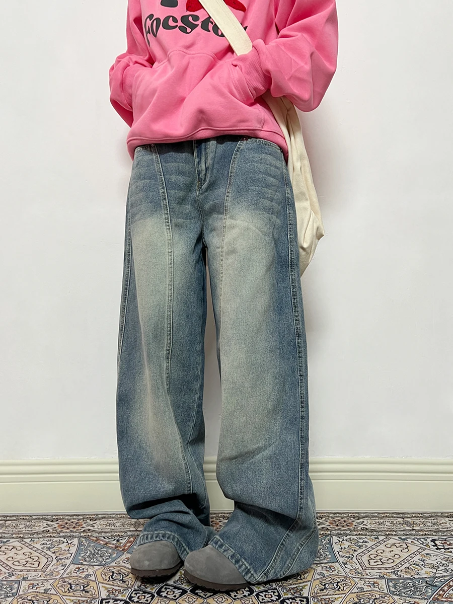 

Original Retro Waed Blue Wide Leg Jeans American Trendy Loose 3D Straight Cut Trousers for Young Women Casual Wear