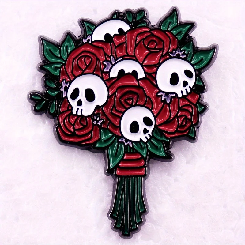 Flower Bouquet Skull Enamel Brooch Rose Terror Creepy Lapel Badge Bags Accessories