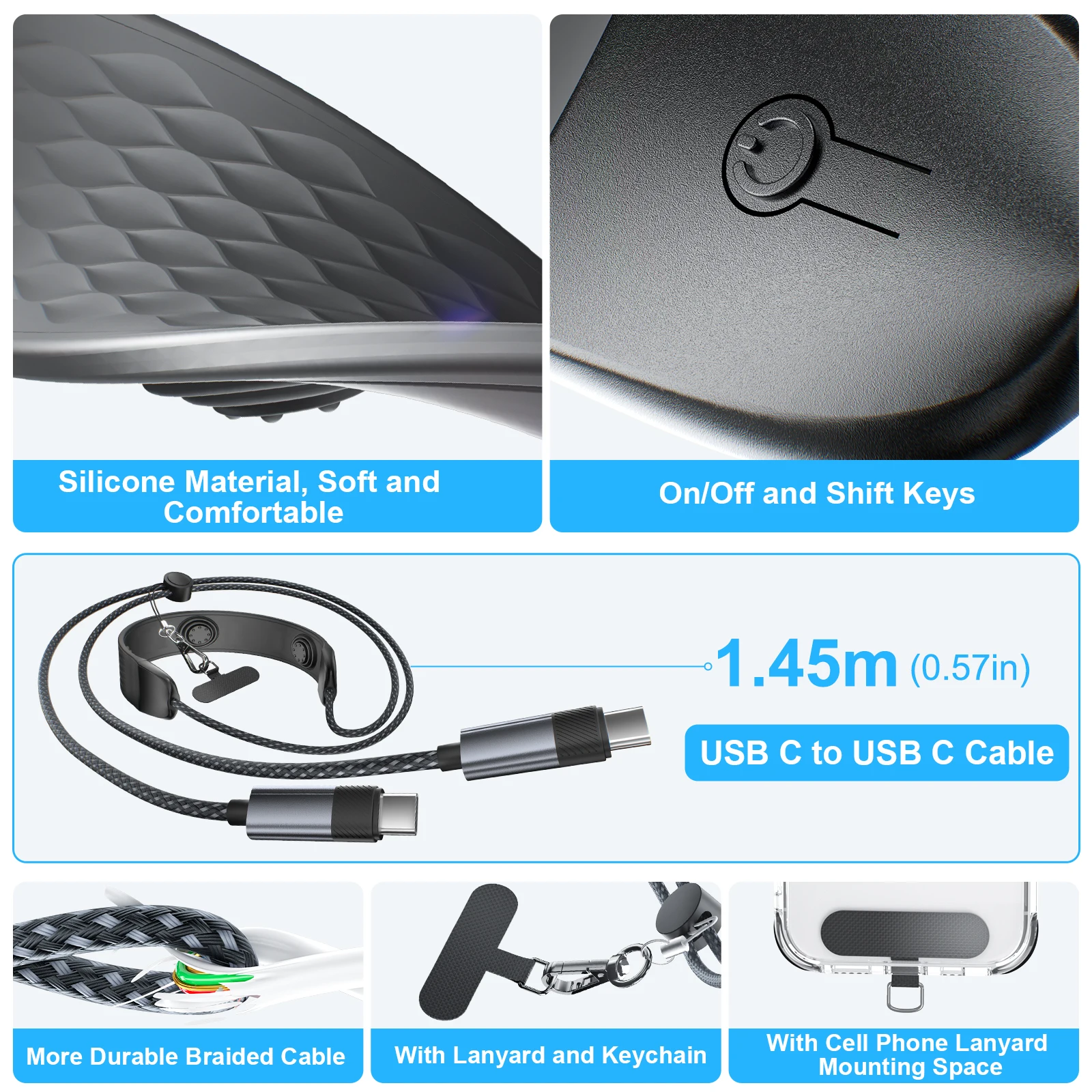 Nackenmassagegerät, 3 Modi, Silikon-Vibration mit 100 W Schnellladung, USB C auf USB C, geflochtenes Nylonkabel für iPhone 15/16 Android/iPad