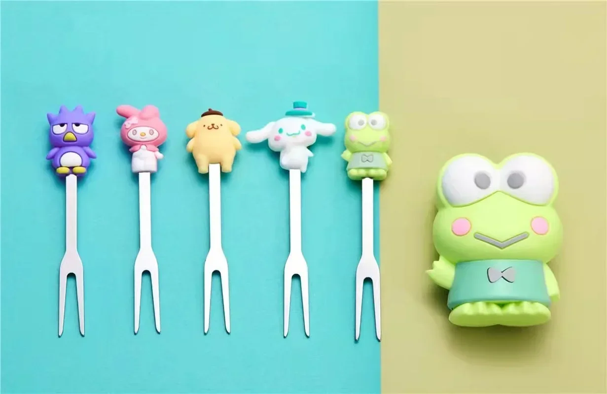 5 stücke kawaii cartoon dessert frucht gabeln anime keroppi meine melodie cinna moroll silikon puppe edelstahl gabel mit box besteck