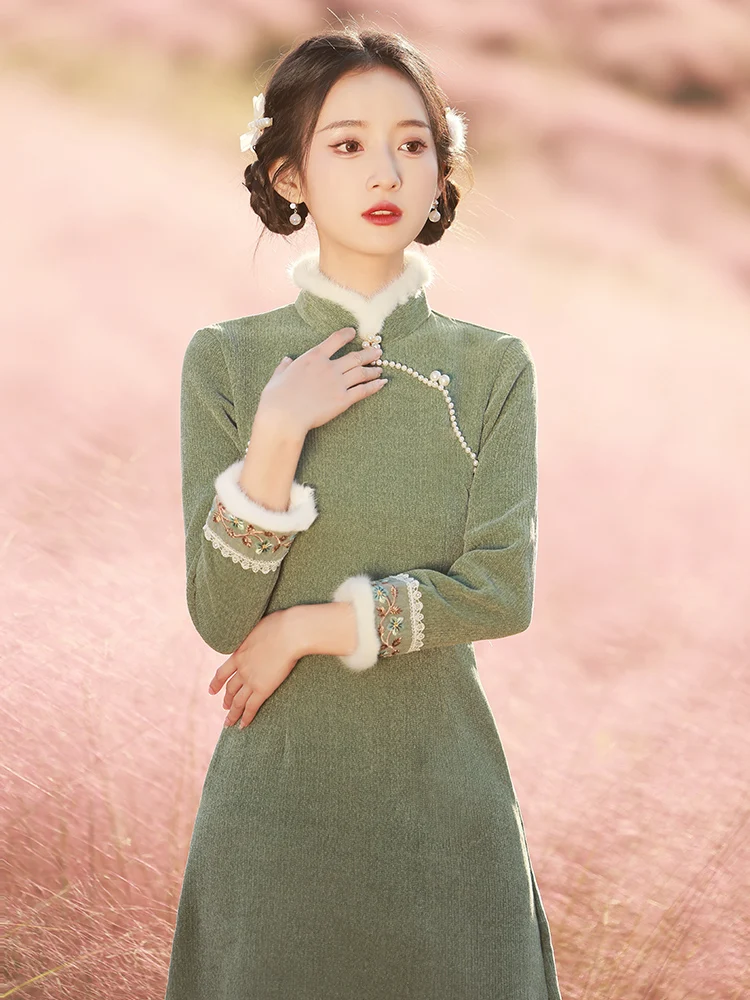 

Young Sle Thiened Long Sve Flag Dr Winter New Arrival Retro Revamp Dr Women Autumn Winter Fce Lined Ele D...