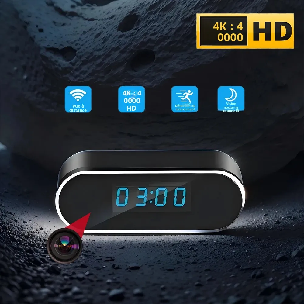 Mini caméra de vision nocturne HD4K améliorée haut de gamme, prise en charge de la détection mobile, visualisation à distance sans fil, mini caméra d'horloge WiFi