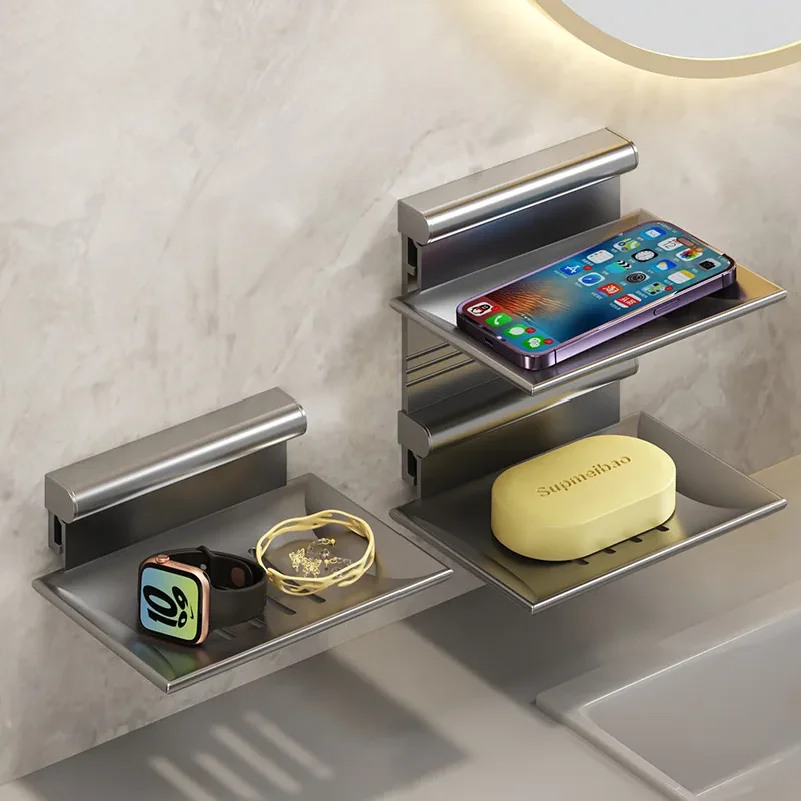 Soap box free wall mounted toilet single layer soap dish drain folding bathroom shelf
