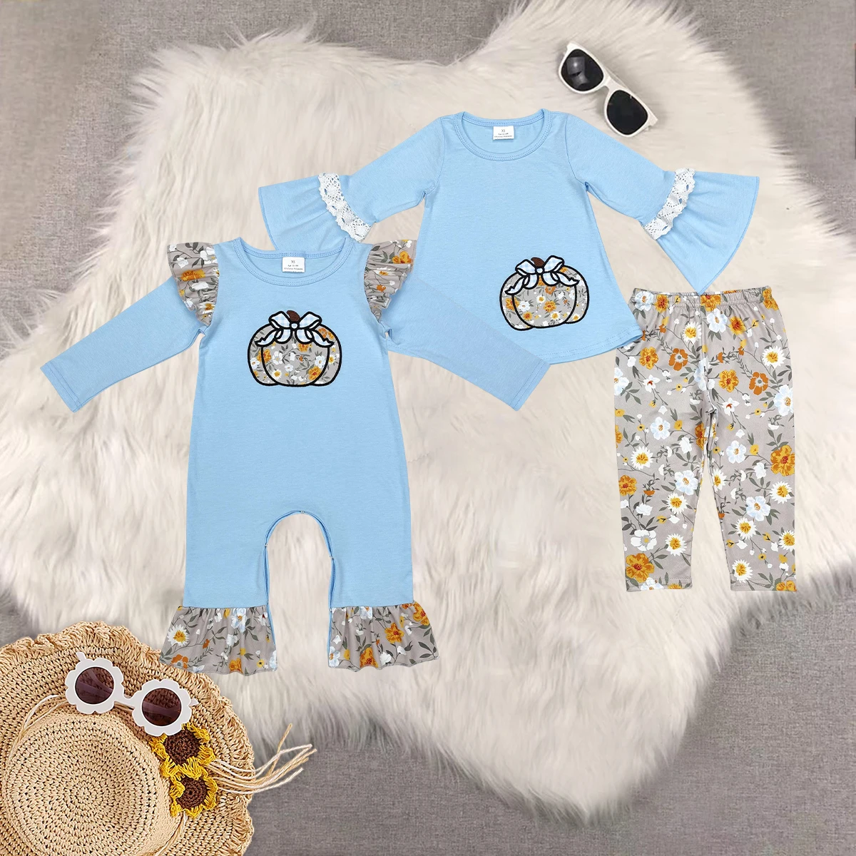 

GLP1639 Wholesale Summer baby rompers embroidery Halloween pumpkin bow long sleeve pants sets Boutique baby girl clothes sets