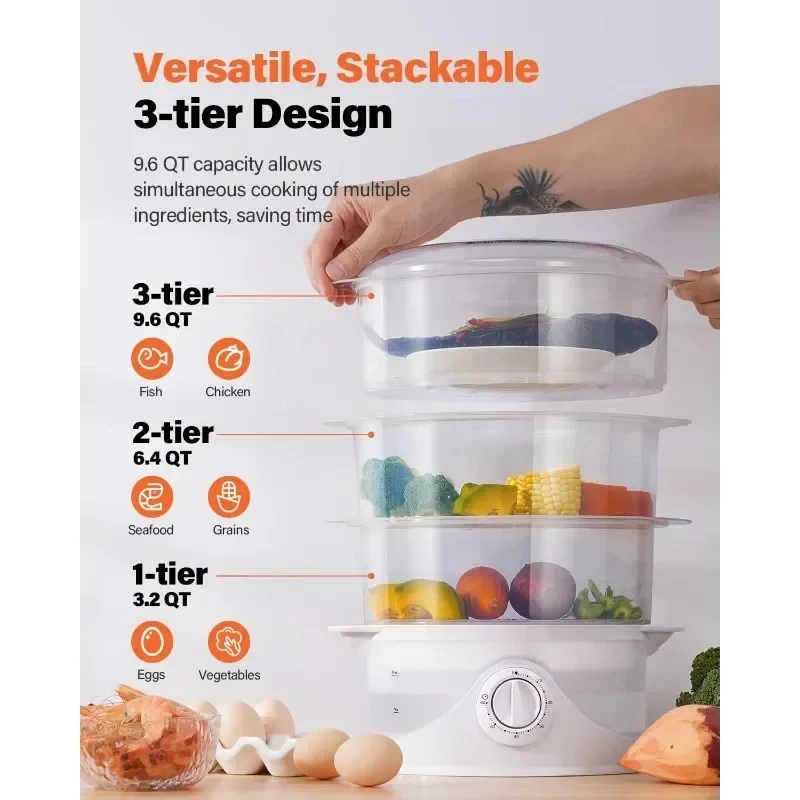 Electric Food Steamer Suitable for Fast Cooking and Simultaneous Cooking, Anti-dry Cooking, Dishwasher-safe