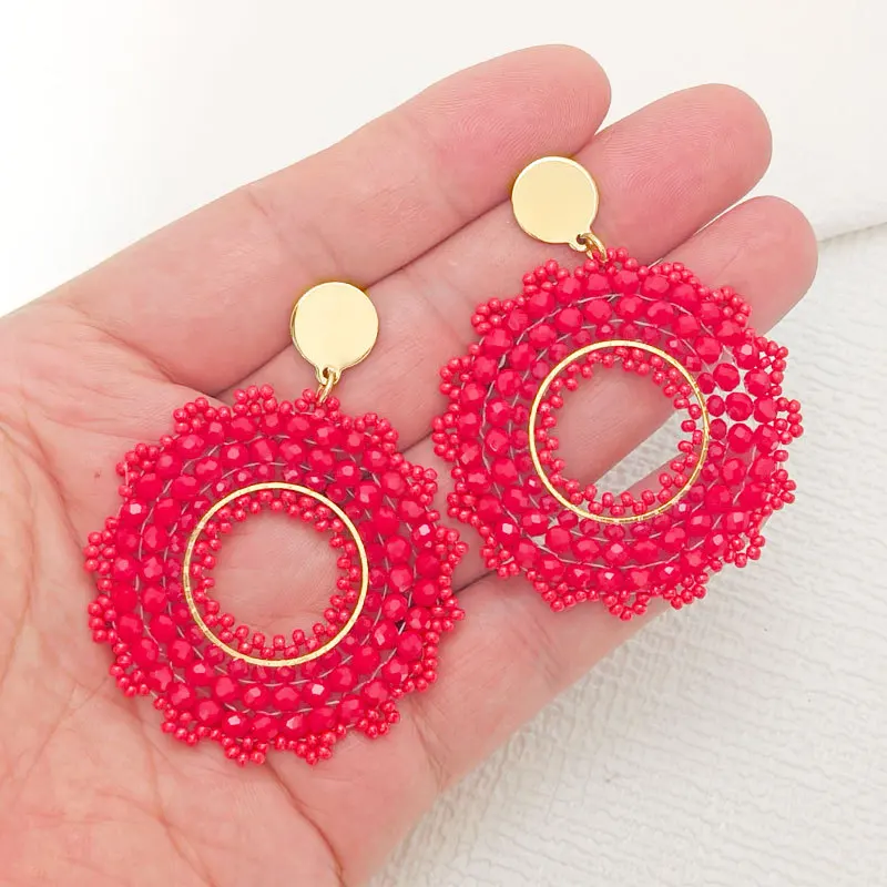 

Beaded earrings Originality Roundness Sunflower Crystal Hand knitting Bohemia Alloy Tide Simple Rice bead earrings