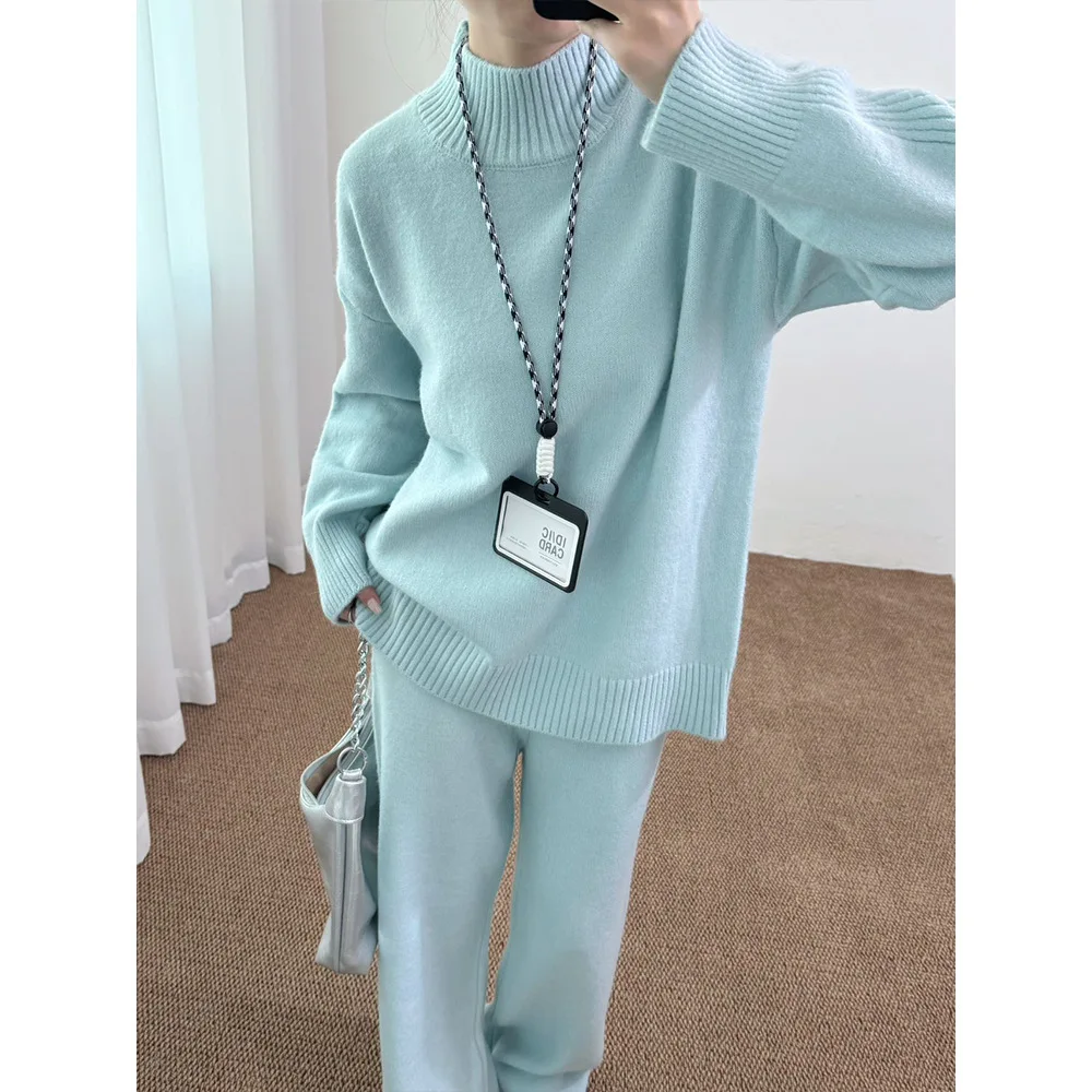 

Pant Set Women Two Piece Sets Turtleneck Full Sleeve Sweaters Tops Wide Leg Long Pants Lace Up Elastic Waist Y2k Streetwear