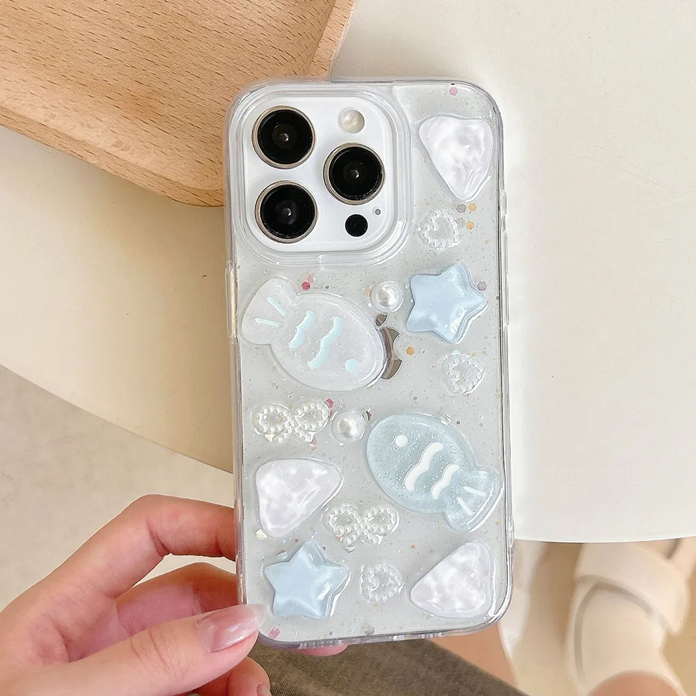 เคสซิลิโคนลายโบว์ไข่มุกดาวทะเล3D ปลาในฤดูร้อนรักหัวใจใสสำหรับ iPhone 16 15 14 PLUS 13 12 11 PRO MAX