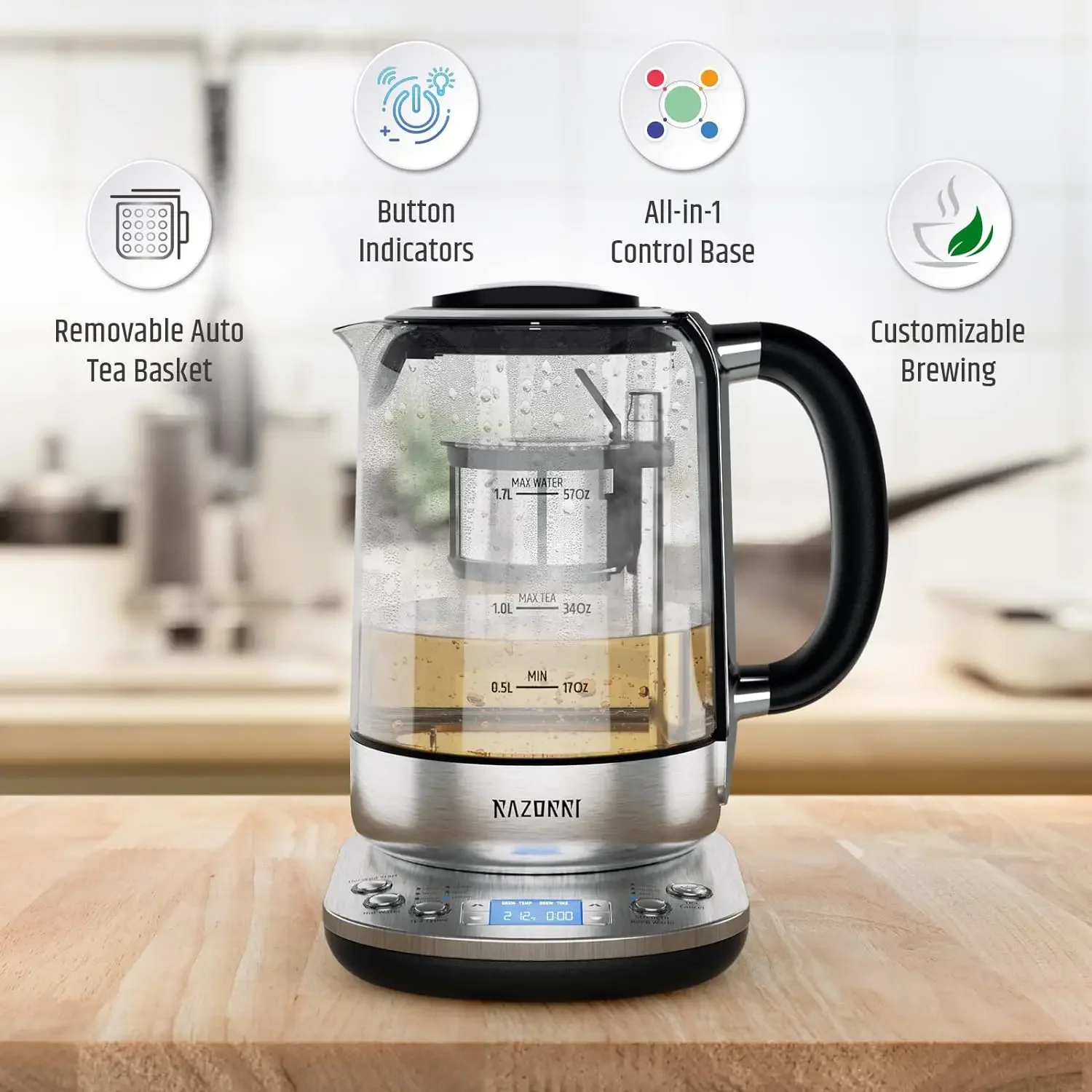 Electric Tea Maker 1.7L with Automatic Infuser for Tea Brewing, Stainless Steel Glass Kettle, Presets for 5 Tea Types an