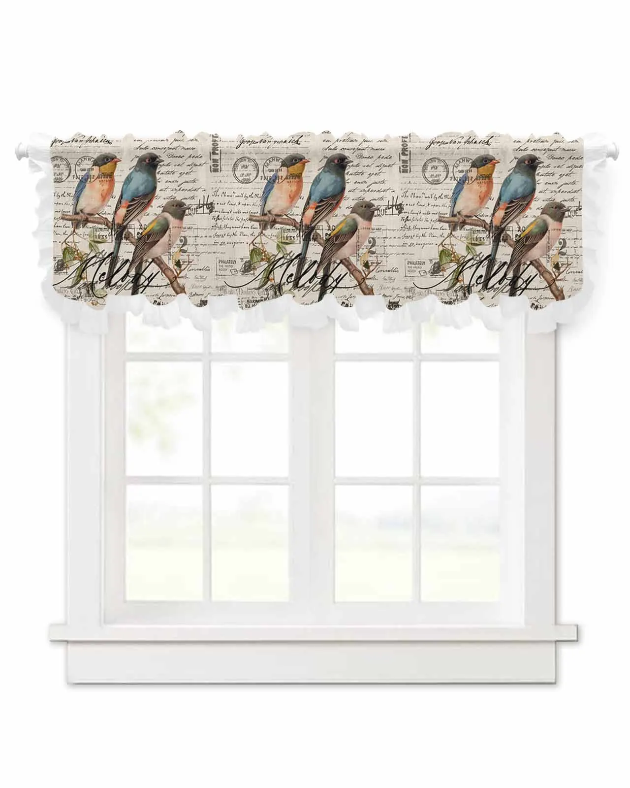 Vintage Bird Hand Drawn Envelope Short Tulle Half Curtains for Living Room Kitchen Door Cafe Window Sheer Valance Drapes