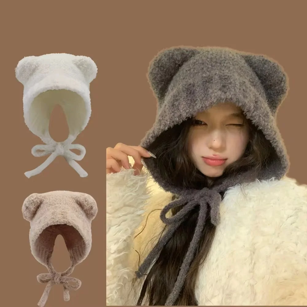 Fashion Y2k Bear Ear Wool Hat Ear Protection With Rope Knitted Bomber Cap Warm Lace up Winter Hat