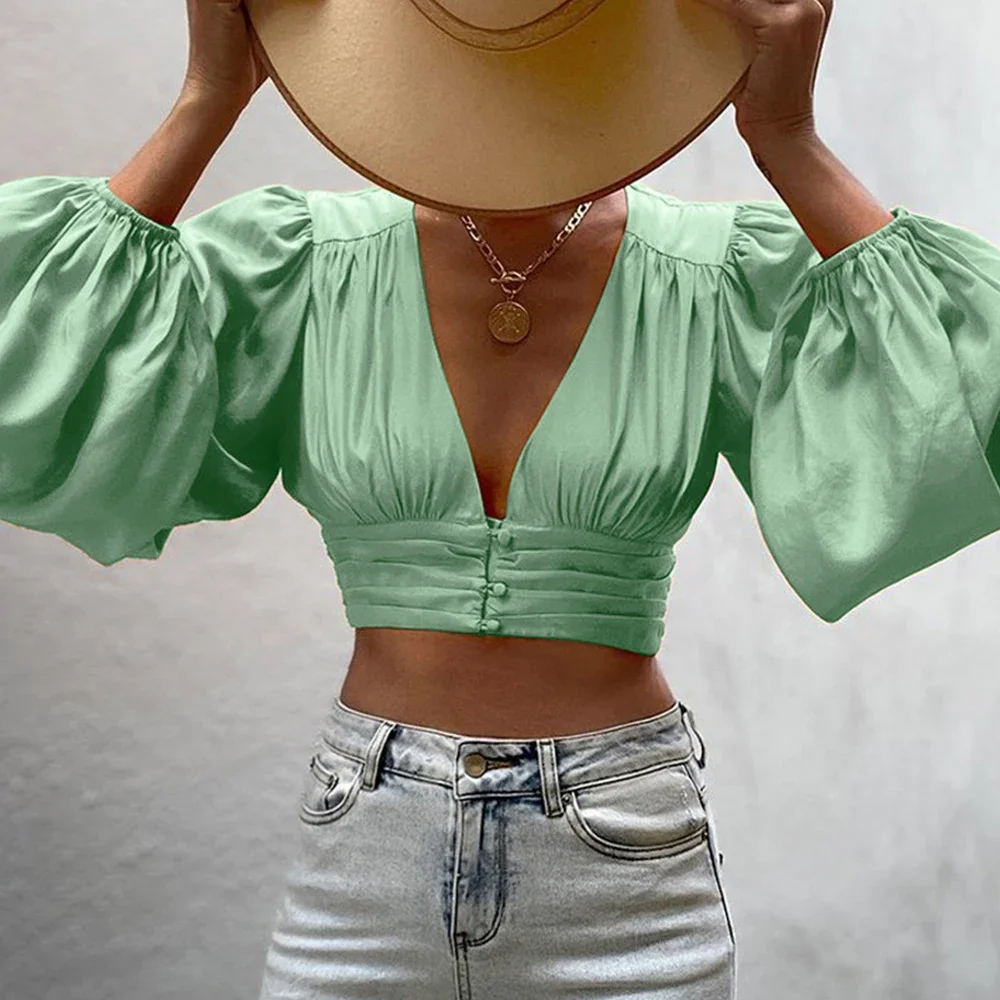 

Shirts Summer Fashion Elegant Front Button Solid Color Long Sleeve V-Neck Casual Shirts For Women