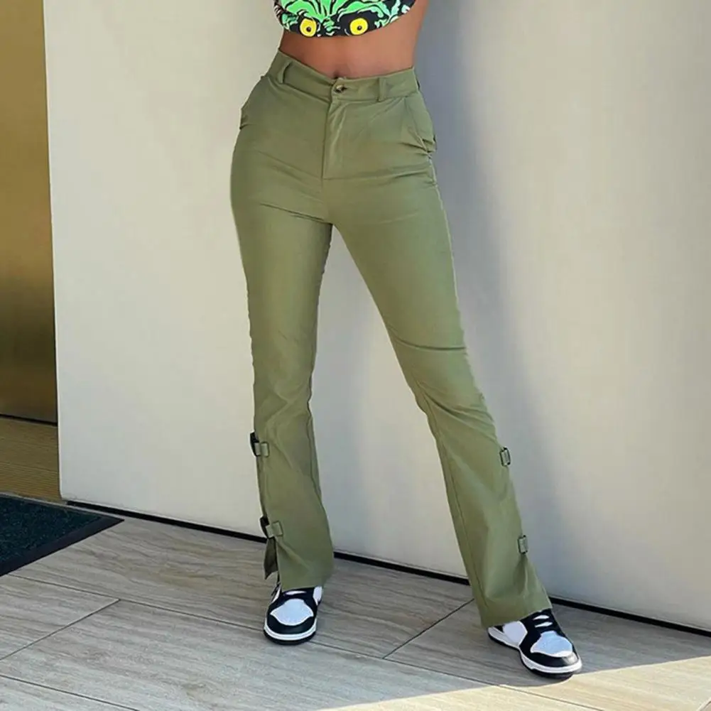 

High Waist Elastic Waist Pockets Side Split Ankles Women Trousers Soft Casual Straight Slim Pencil Pants Streetwear Clothes