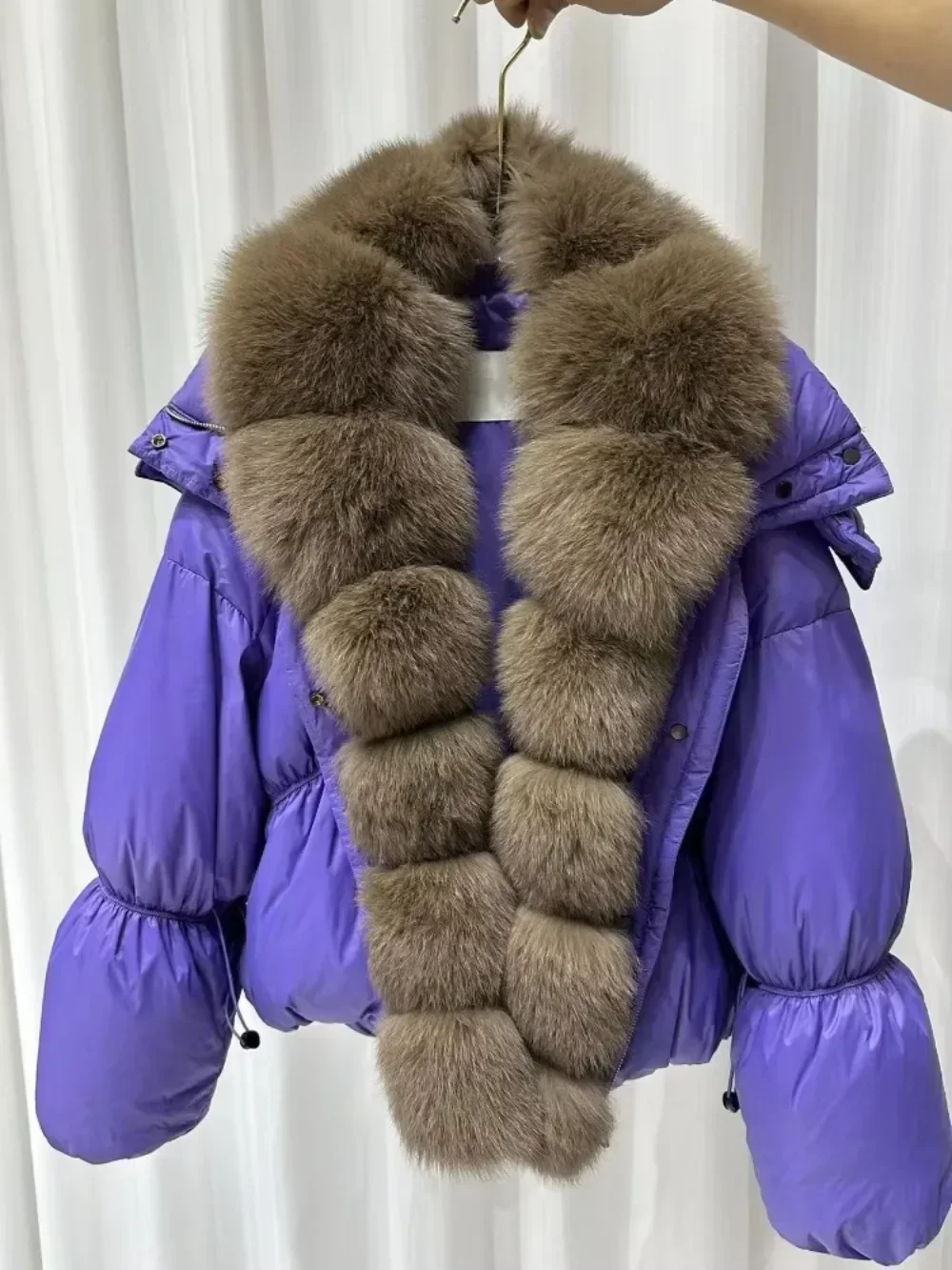Veste d'hiver en vraie fourrure de canard blanc chaud et épais pour femme, manteau à col en vraie fourrure de renard, avec ceinture, Parka ample et bouffante