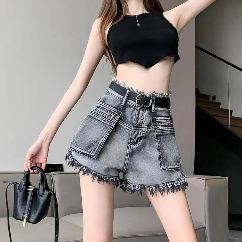 Short Jean Pants Woman High Waist Fringe Denim Shorts for Women Pocket Baggy Trend 2025 Elegant Y2k Vintage Hot Outfits Normal