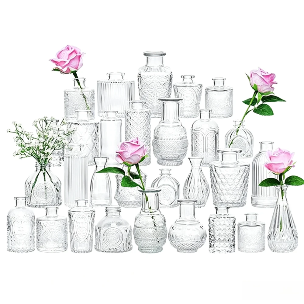 10/12Pcs French Retro Gradient Amber Glass Vases Single Stem Embossed Small Flower Bottles Home Wedding Desktop Decoration