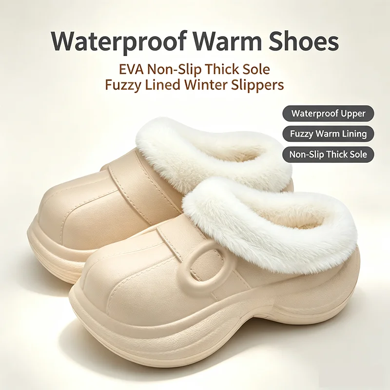 Women Winter Waterproof EVA Clog Slippers Removable Fuzzy Lining Non‑Slip Platform Indoor Outdoor House Shoes