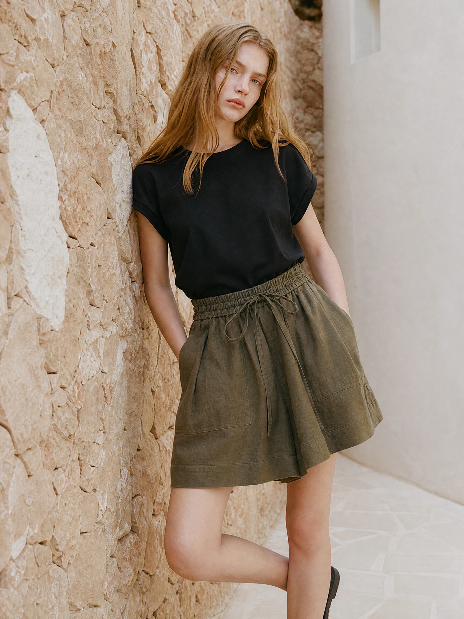 Linen Shorts Women's A-Line  Casual Pants Elastic Waist Corduroy Summer Breathable Comfortable Pigpighouse Gentle Pig