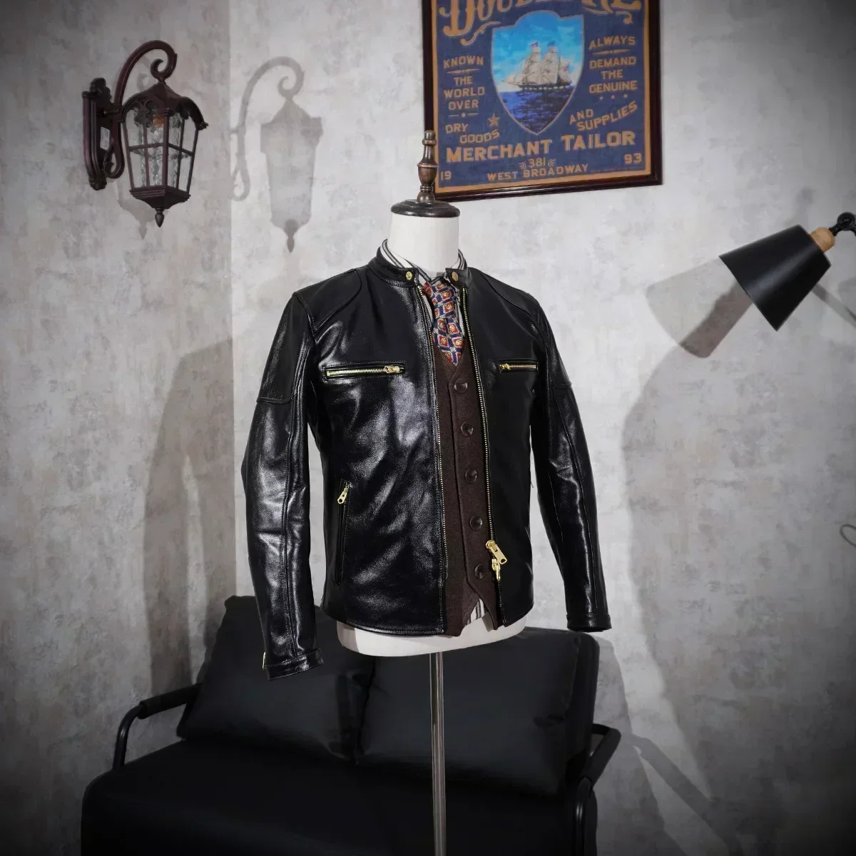 Tailor Brando Vegetable-Tanned Batik Horseskin Leather Men's American Retro Riding Stand Collar Short Biker Leather Jacket