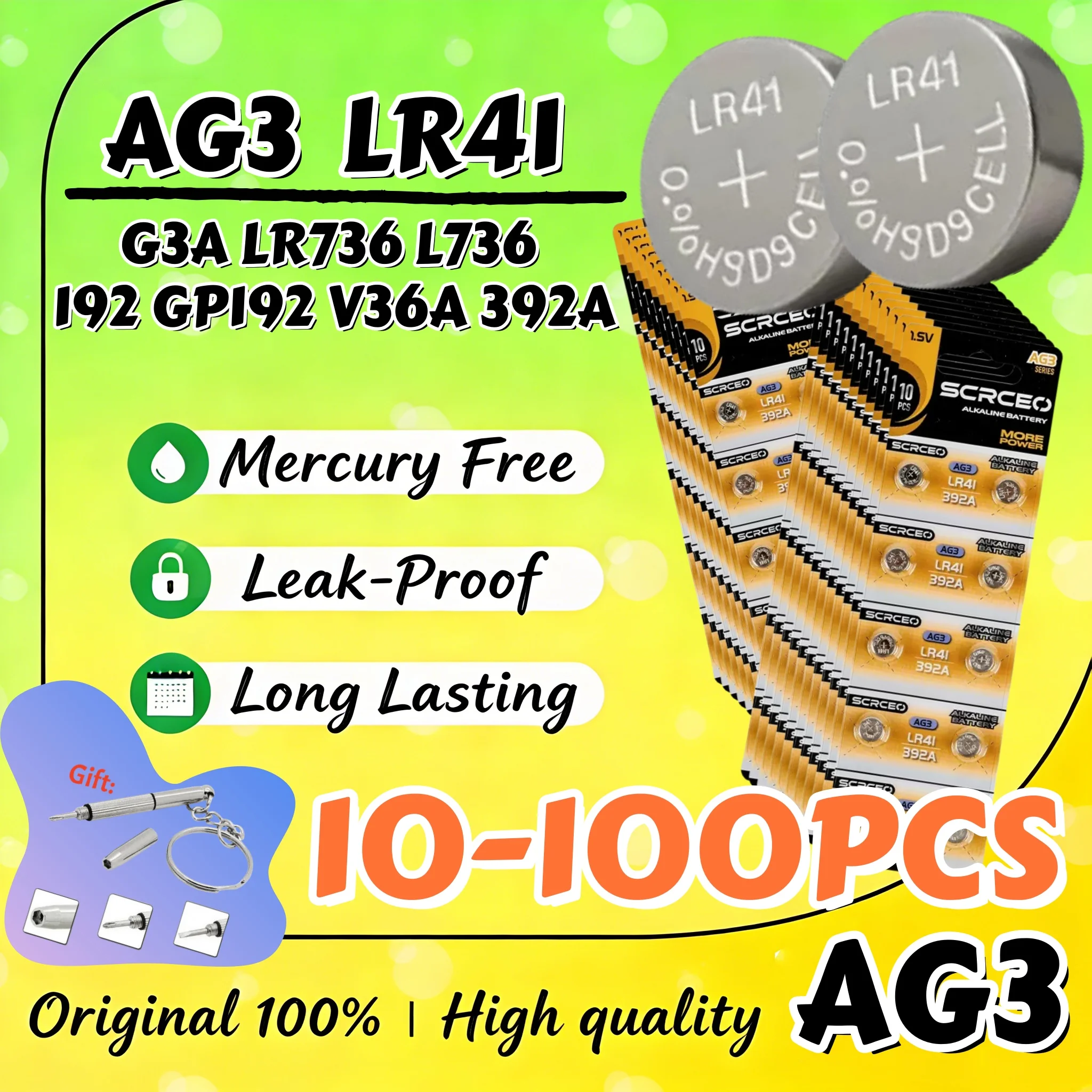 

Батарейка-таблетка щелочная AG3 LR41 SR41SW L736 392, 1.55В 35мАч, для часов, калькуляторов, светодиодных фонарей, герметичная конструкция