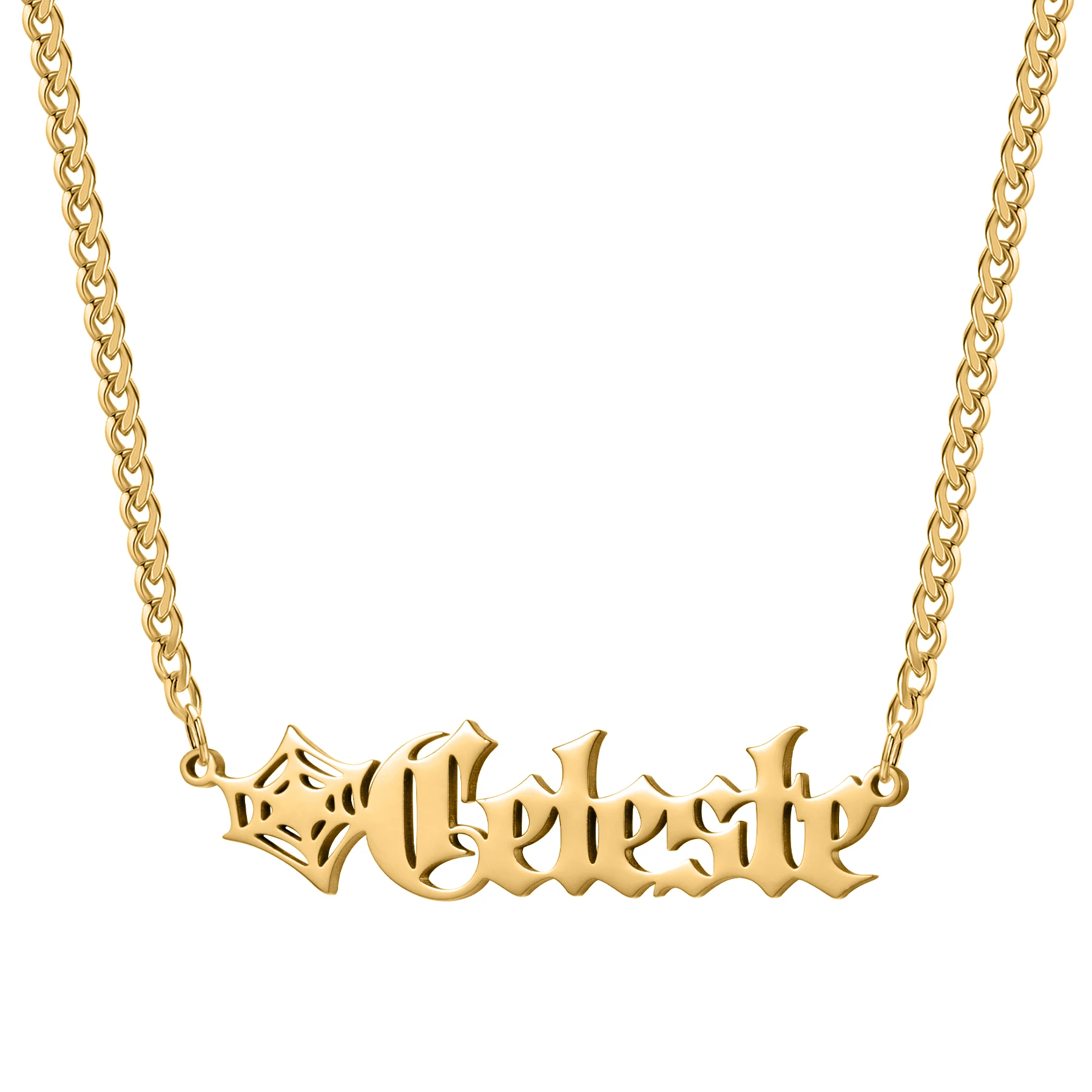 

Ожерелье с готическим именем на заказ, персонализированная позолоченная цепочка, ювелирные изделия, акцент в виде паутины, уникальные ожерелья в стиле Хэллоуина, Рождество