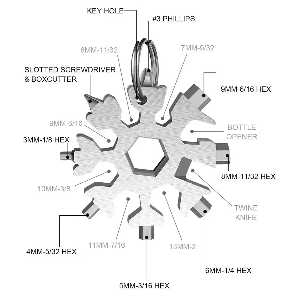 18-in-1-Edelstahl-Schneeflocken-Multitool Herramienta 18 En 1 Multifunktionswerkzeug Copo De Nieve Llave Multiusos